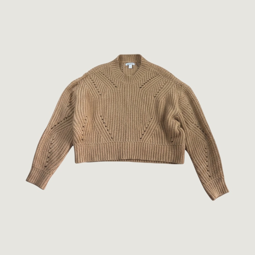 Elizabeth and James Tan Metallic Pointelle Knit Cropped‎ Sweater Mock Neck L